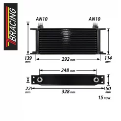 TBRACING Ölkühler 15 Reihen 330mm lang Anschluss Dash 10 7/8 – 14UNF